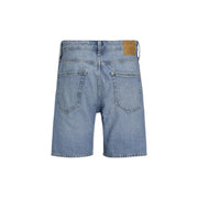 Back view of jack and jones light blue cotton polyester shorts for men featuring classic denim pockets and brown leather tag