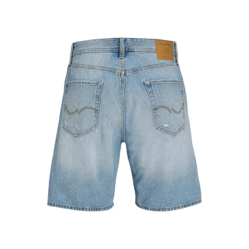 Jack & Jones light blue cotton shorts for men in light-wash denim with faded distressed look and subtle stitching details