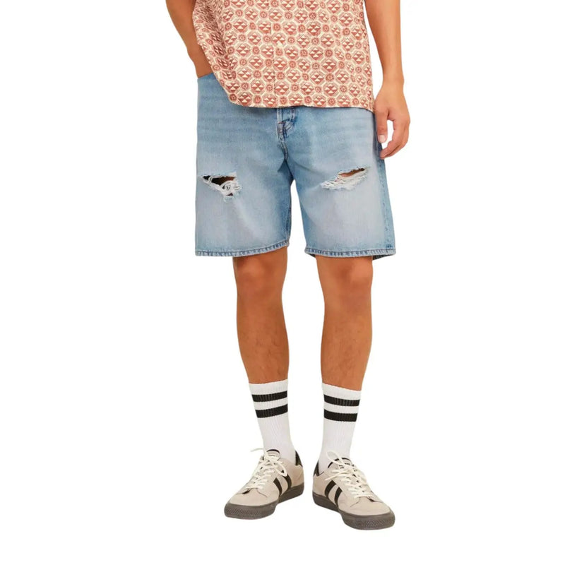 Jack & Jones light blue cotton shorts for men featuring light-wash denim with distressed ripped knees and a faded look
