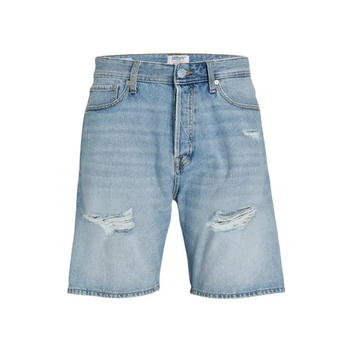Jack & jones light blue cotton shorts for men featuring light-wash denim with distressed frayed holes at the knees and five-pocket design