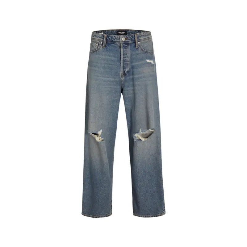 Blue distressed jeans with high-waisted fit and light wash color.
