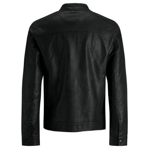 Jack and Jones men black polyester long zip blazer with classic collar and buttoned cuffs in faux leather texture