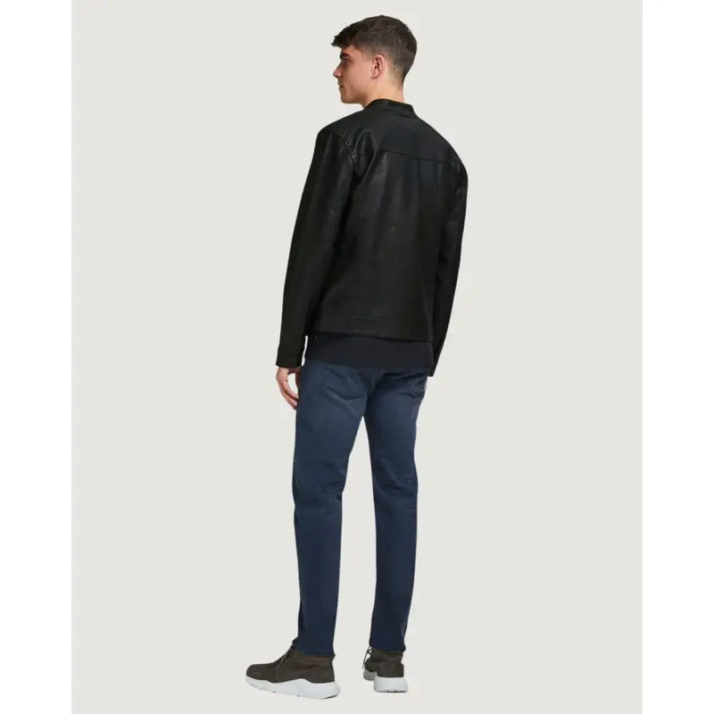 Jack & Jones Herrenblazer aus schwarzem Polyester mit langem Reißverschluss und dezenten Ziernähten auf schwarzem Lederjackenmaterial