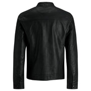 Jack and Jones men black polyester long zip blazer with classic collar and buttoned cuffs in faux leather texture