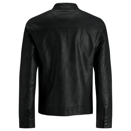 Jack and Jones men black polyester long zip blazer with classic collar and buttoned cuffs in faux leather texture