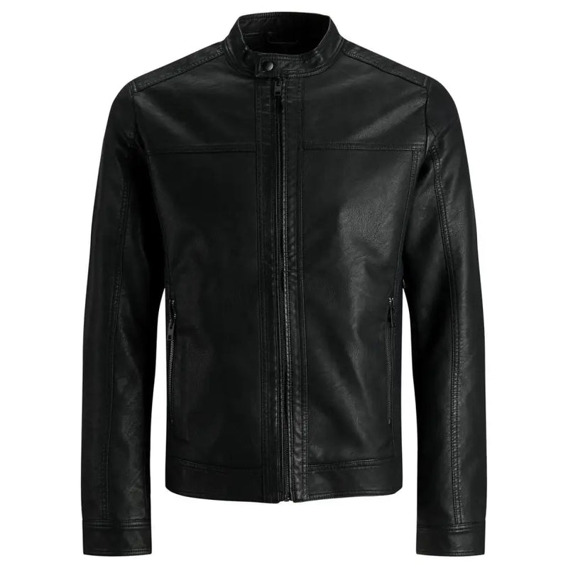 Schwarze Herren-Motorradjacke aus Kunstleder von Jack & Jones mit Stehkragen und Frontreißverschluss