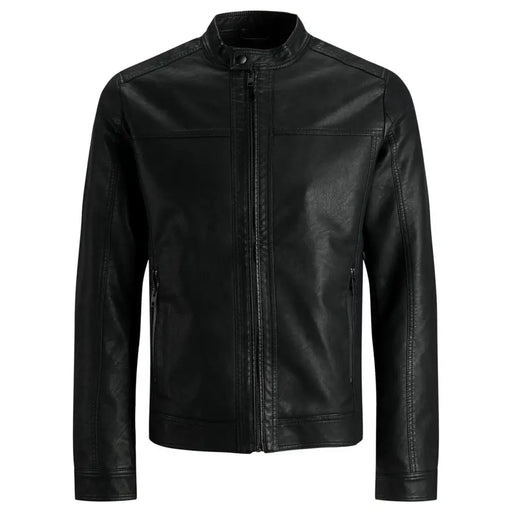 Jack and jones men black faux leather motorcycle jacket with stand-up collar and front zipper detail
