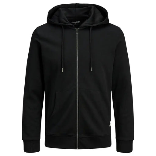 Men’s black full-zip hooded sweatshirt with drawstrings and front pockets from Jack & Jones