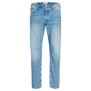 Hellblaue Herrenjeans von Jack & Jones mit geradem Bein und heller Waschung, aus 100 % Baumwolle, mit Tommy Hilfiger-Label am Bund