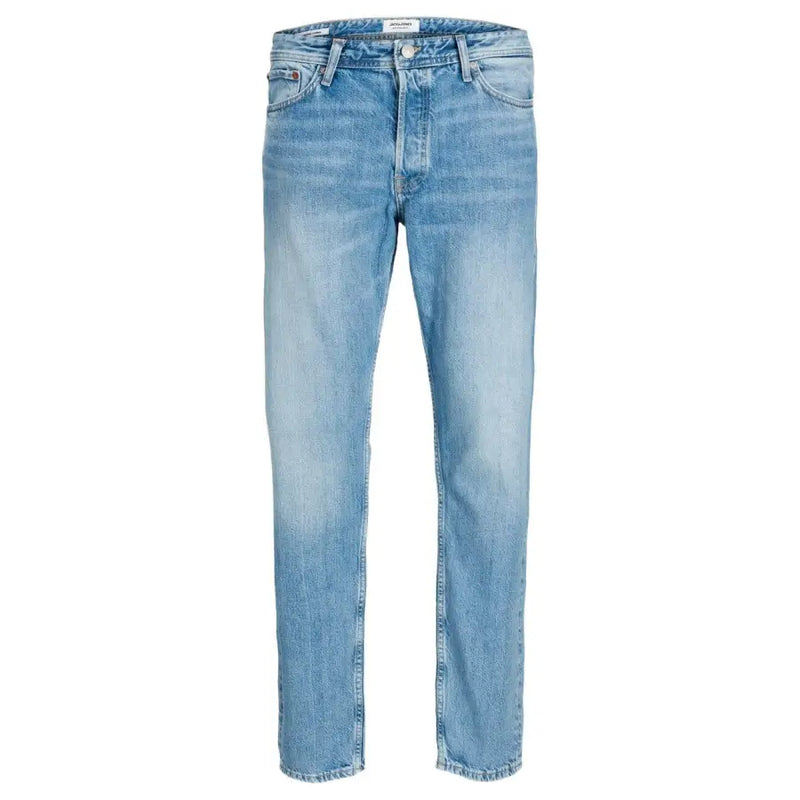 Hellblaue Herrenjeans von Jack & Jones mit geradem Bein und heller Waschung, aus 100 % Baumwolle, mit Tommy Hilfiger-Label am Bund