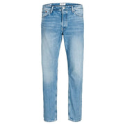 Light-wash straight-leg jack and jones men blue jeans in 100 percent cotton with tommy hilfiger label at waistband
