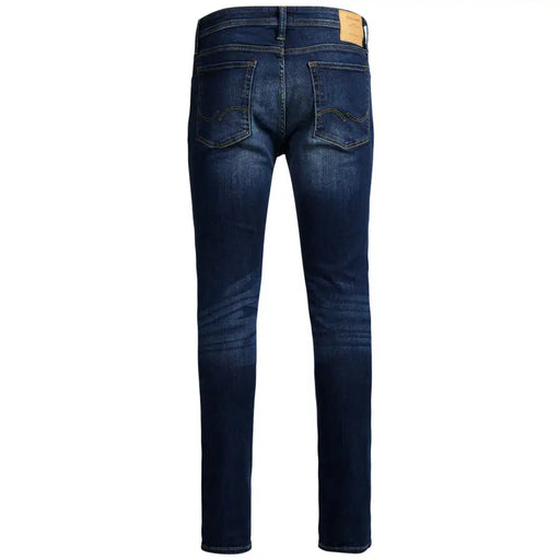 Jack and jones men blue plain stretch slim fit denim jeans with subtle thigh fading in dark blue color