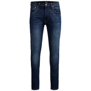 Jean slim en denim stretch bleu foncé pour homme de Jack and Jones, avec une coupe classique à cinq poches et un délavage subtil.