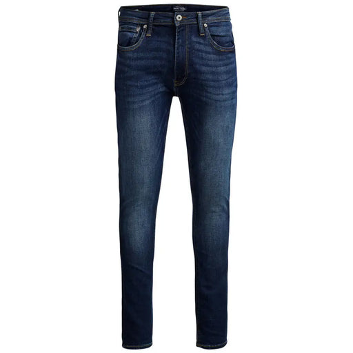 Dark blue slim-fit stretch denim jeans for men by Jack and Jones with classic five-pocket design and subtle fading