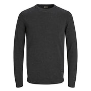 Jack and Jones Herren-Strickpullover aus grau meliertem Baumwollstrick mit Rundhalsausschnitt, melierter Struktur und gerippten Bündchen