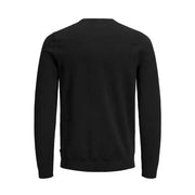 Jack and jones men knitwear black long round neck cotton crewneck sweater with ribbed cuffs and hem