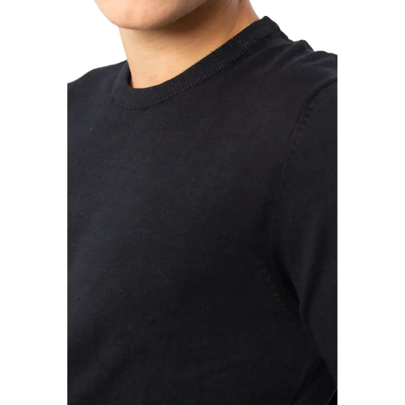 Jack & jones men knitwear black cotton crewneck sweater with ribbed collar and smooth textured fabric