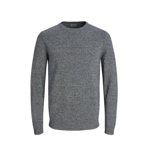 Jack and Jones men knitwear heather gray long sleeve crewneck sweater with soft knit texture and ribbed cuffs