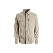 Beige long-sleeved button-up shirt with two chest pockets and classic collar from Jack and Jones cotton collection