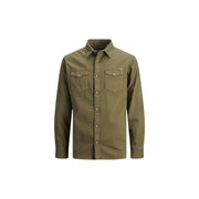 Jack and jones men shirt olive green long-sleeved cotton button-up with two chest pockets and collar