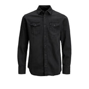 Black denim button-up shirt with two chest pockets and classic collar by Jack & Jones men shirt