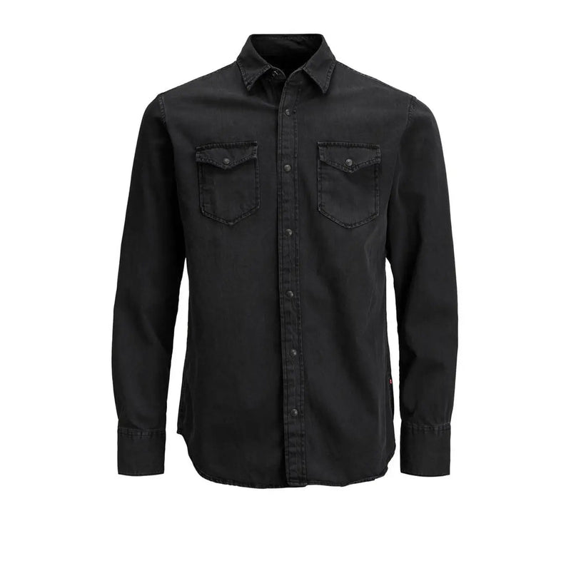 Black denim button-up shirt with two chest pockets and classic collar by Jack & Jones men shirt