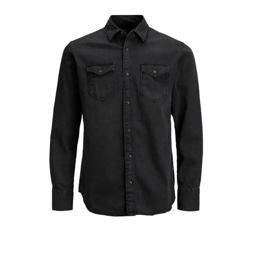Black denim button-up shirt with two chest pockets and classic collar by Jack & Jones men shirt