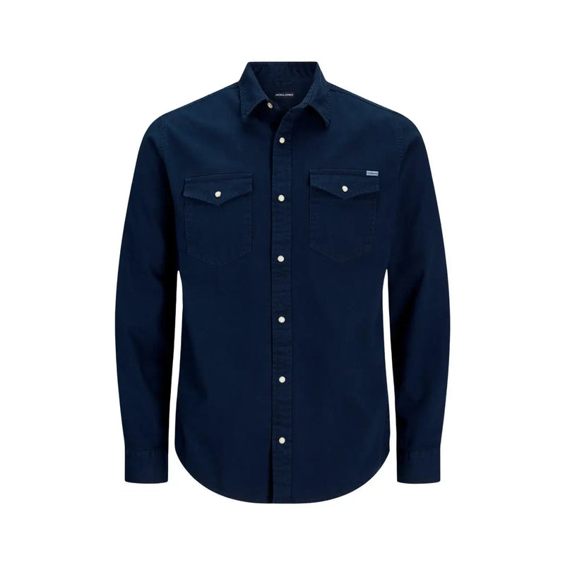Jack jones men shirt dark navy blue long-sleeved button-up with two chest pockets and white buttons