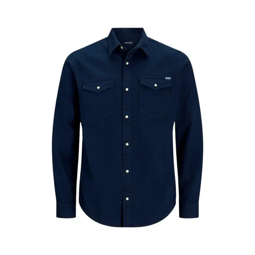 Jack jones men shirt dark navy blue long-sleeved button-up with two chest pockets and white buttons