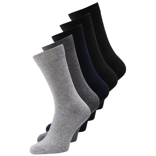 A set of five Jack & Jones men underwear crew-length socks in gray and black soft knit fabric with ribbed cuffs