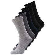 A set of five jack & jones men underwear crew-length socks in varying gray and black shades made of soft knit fabric