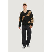 Schwarzer Herren-Cardigan von Jack & Jones mit goldenem Paisley-Strickmuster an Schultern und Ärmeln, Baumwollmischung, Frühling/Sommer