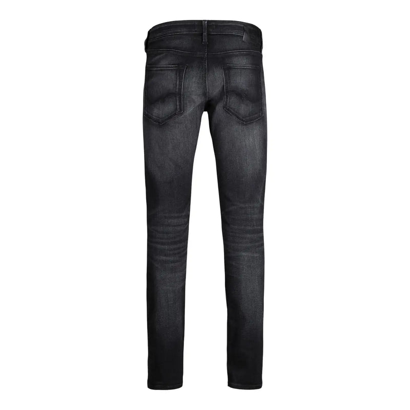 Jack and Jones men’s black slim-fit denim jeans with faded wash and subtle whiskering for fall winter wear