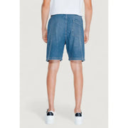 Blue denim cotton shorts for men by jack & jones featuring a classic back pocket and straight hem shown from the back