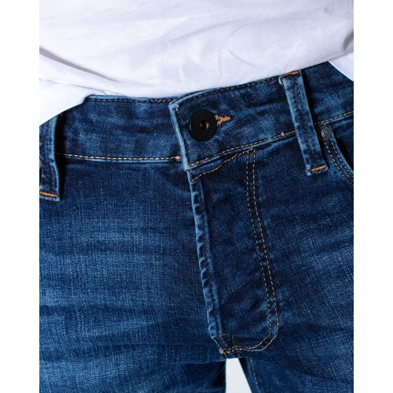 Jean bleu en denim pour homme Jack & Jones avec surpiqûres jaunes, ceinture noire, bouton et poches visibles