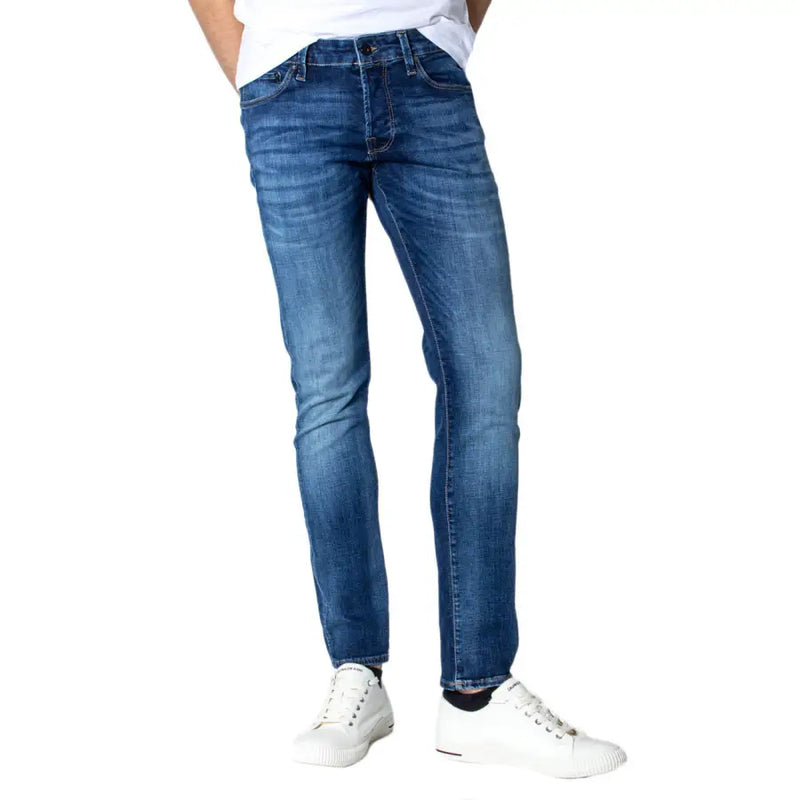 Jean slim bleu pour homme Jack & Jones, en denim délavé avec poches fonctionnelles