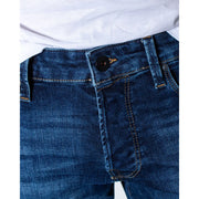 Jack & jones men’s blue denim jeans with yellow stitching black waistband button and pockets visible