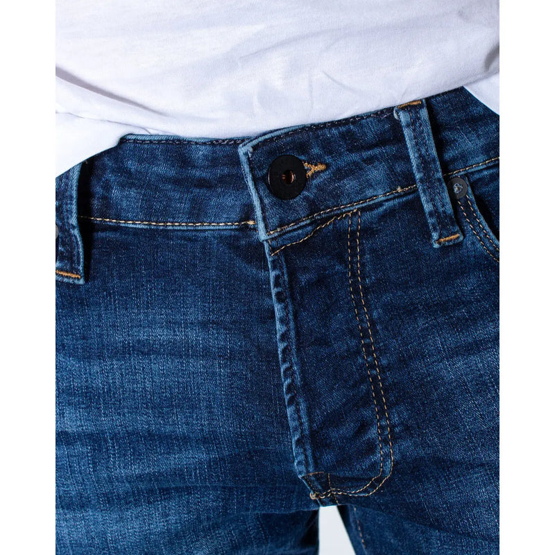 Jack & jones men’s blue denim jeans with yellow stitching black waistband button and pockets visible
