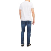 White cotton t-shirt with simple crew neck and short sleeves paired with jack & jones men’s blue jeans with pockets