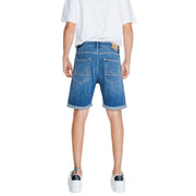 Jack & jones men’s blue denim shorts with rolled cuffs and classic back pocket design shown from the back side