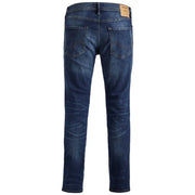 Dark blue slim fit denim jeans with subtle fading and jack & jones label on waistband for men