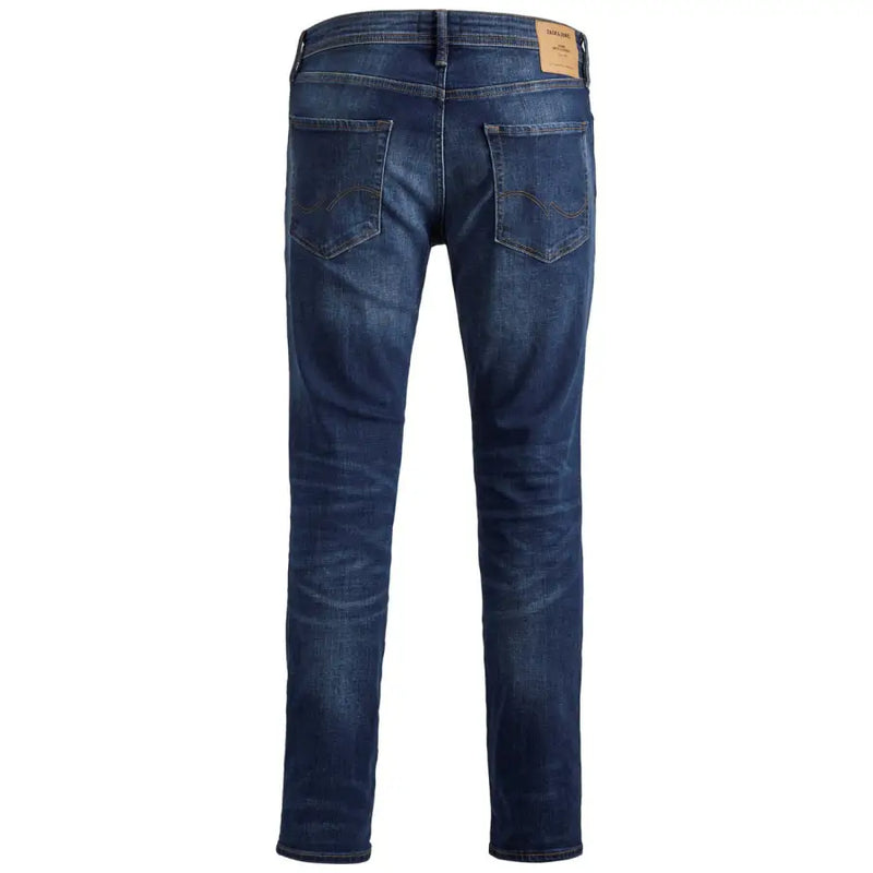 Dark blue slim fit denim jeans with subtle fading and jack & jones label on waistband for men