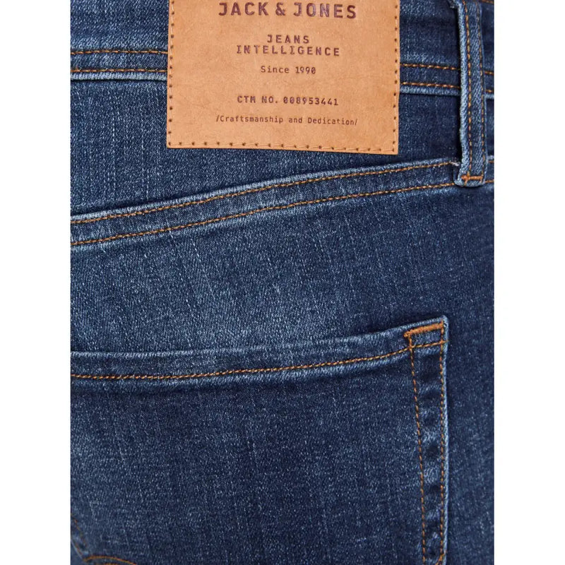 Jack & jones men’s dark blue denim jeans with worn-out effect and tan leather brand label on the back side