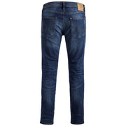Dark blue slim fit denim jeans with subtle fading and jack & jones label on waistband for men