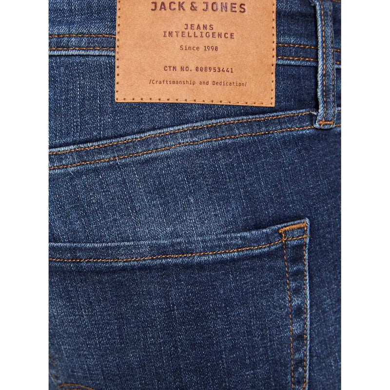 Jack & jones men’s dark blue denim jeans with worn-out effect and tan leather brand label on the back side