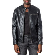 Black faux leather motorcycle jacket with quilted shoulder panels and silver zippers for men by jack & jones