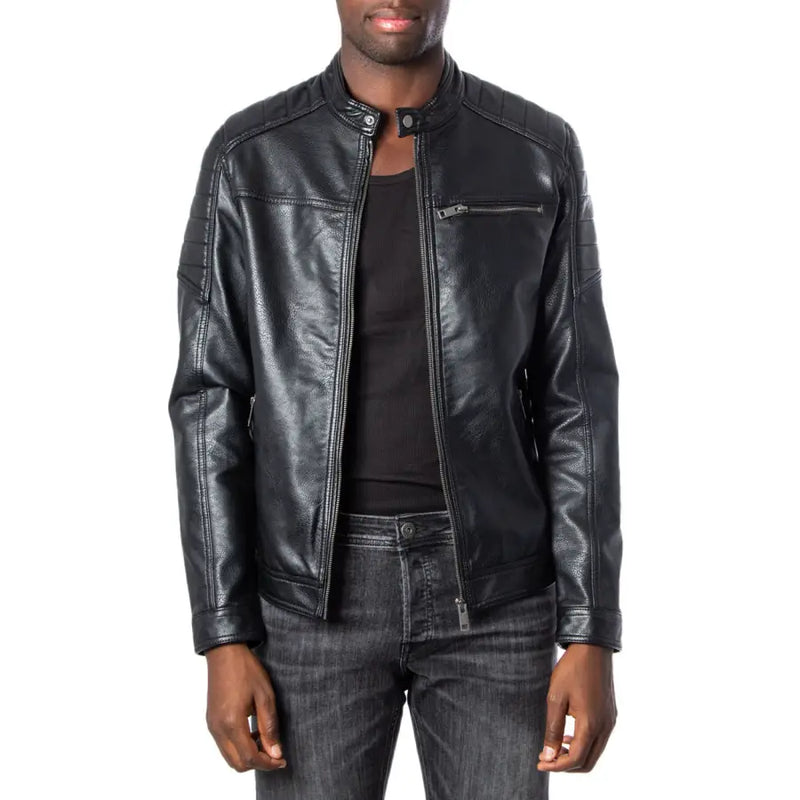 Black faux leather motorcycle jacket with quilted shoulder panels and silver zippers for men by jack & jones