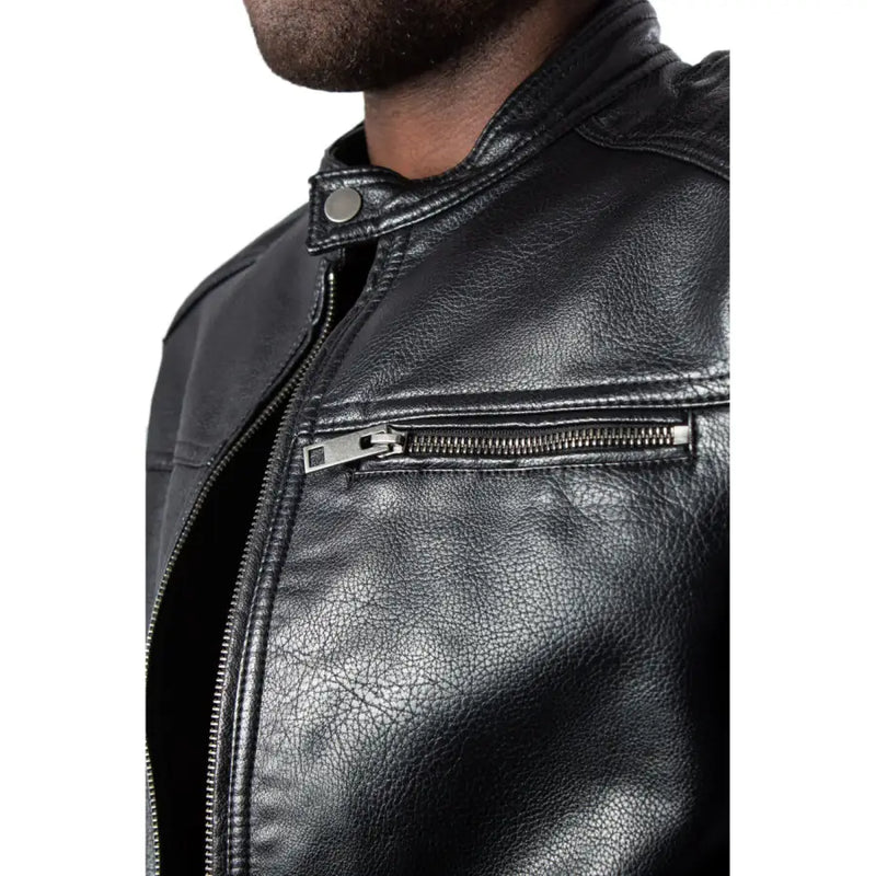Black faux leather motorcycle jacket with zipper closure and snap-button collar for Jack & Jones Men