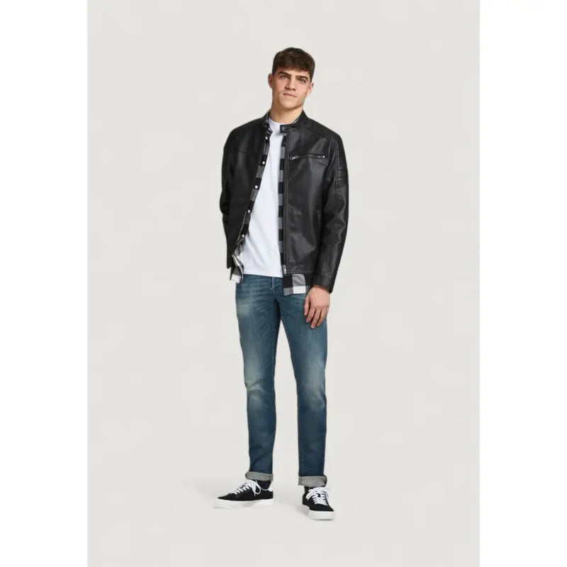 Jack & jones mens black leather long zip blazer with zipper details worn over a plaid shirt for fall winter