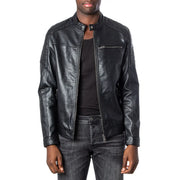 Black faux leather motorcycle jacket with quilted shoulder panels and silver zippers for men by jack & jones